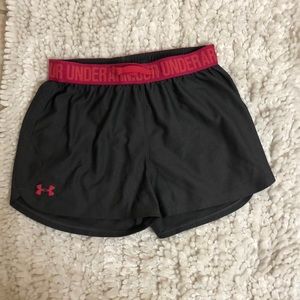 dark grey and pink under armor shorts